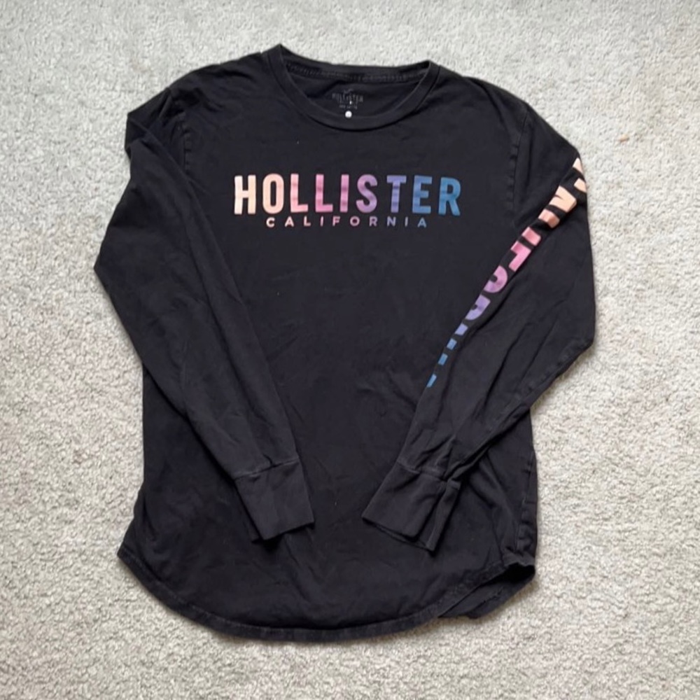 Black Hollister Long Sleeve with Light Rainbow Ombre Lettering